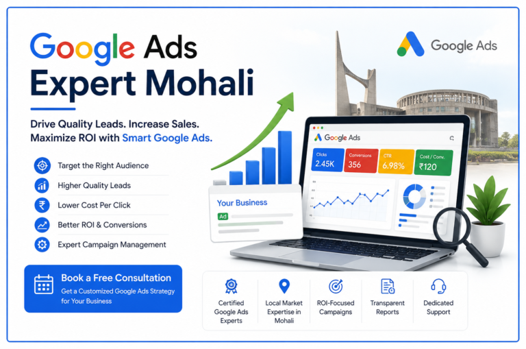 Google Ads Expert Mohali banner showcasing professional PPC management services for lead generation, ROI optimization, and business growth.