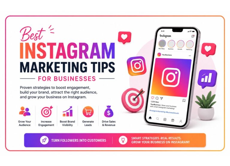 Instagram Marketing Tips for Businesses infographic featuring a smartphone with Instagram interface, engagement icons, growth metrics, lead generation visuals, and social media marketing elements on a modern dark-themed design.