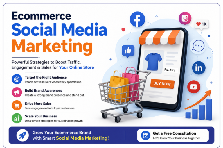 Ecommerce Social Media Marketing banner featuring online shopping, social media icons, digital advertising strategies, audience targeting, brand growth, and sales optimization.