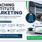 Coaching Institute Marketing strategies illustration featuring SEO, social media marketing, Google Ads, lead generation, and student admission growth.