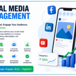 Social Media Management services illustration showing content planning, audience engagement, analytics, and multi-platform social media growth strategy.