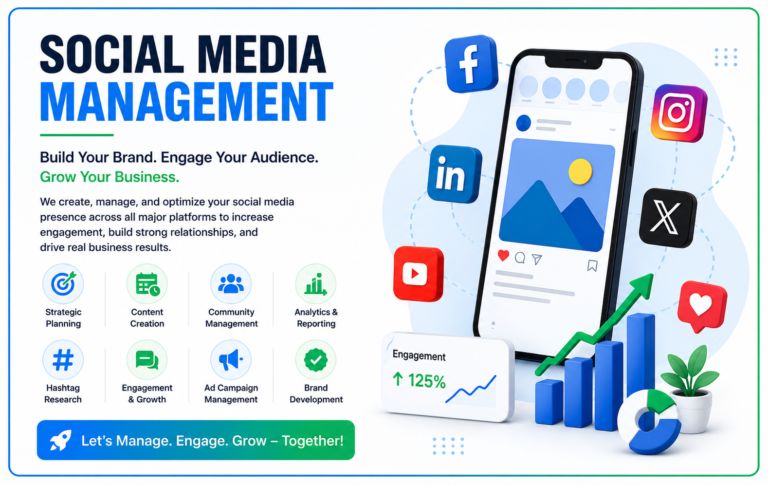 Social Media Management services illustration showing content planning, audience engagement, analytics, and multi-platform social media growth strategy.