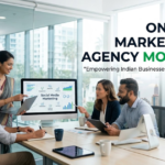 Indian digital marketing professionals collaborating in a modern office, analyzing social media marketing data at a leading online marketing agency in Mohali.