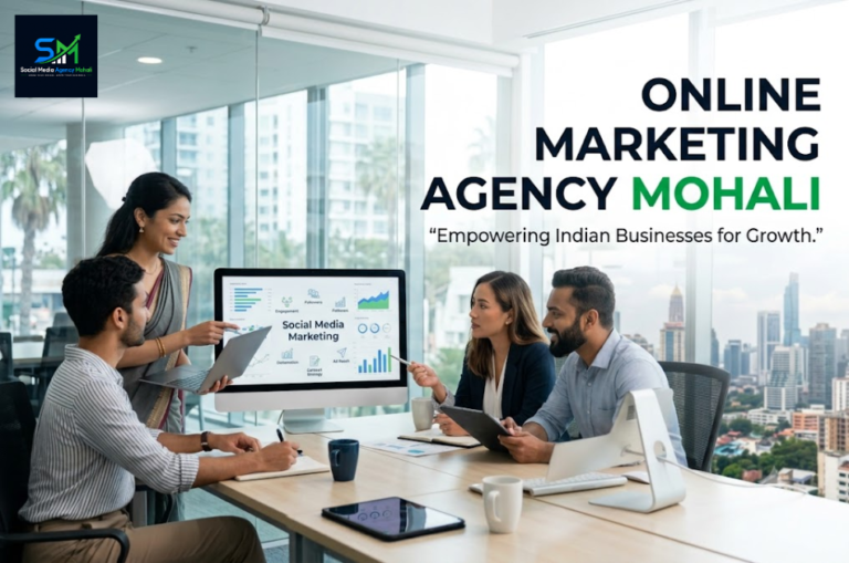 Indian digital marketing professionals collaborating in a modern office, analyzing social media marketing data at a leading online marketing agency in Mohali.