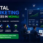 Digital Marketing Services in Mohali featured image showing a professional marketing team analyzing SEO, Google Ads, social media growth, and lead generation dashboards in a modern office environment.