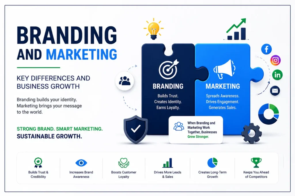 Branding and marketing infographic showing how strong brand identity and effective marketing drive trust, awareness, customer loyalty, leads and business growth.
