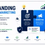 Branding and marketing infographic showing how strong brand identity and effective marketing drive trust, awareness, customer loyalty, leads and business growth.