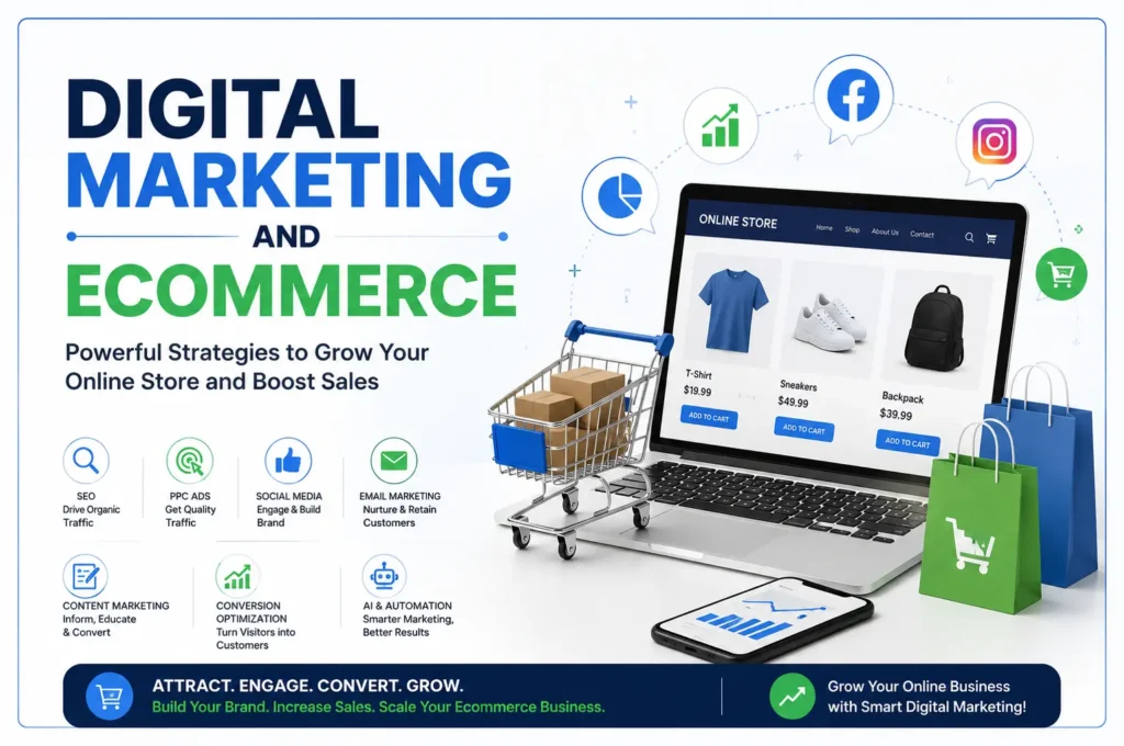 Digital marketing and ecommerce illustration featuring online store marketing strategies, SEO, PPC advertising, social media marketing, email marketing, and ecommerce sales growth.