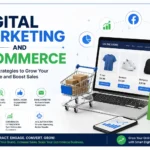 Digital marketing and ecommerce illustration featuring online store marketing strategies, SEO, PPC advertising, social media marketing, email marketing, and ecommerce sales growth.