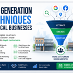 Lead Generation Techniques for Local Businesses infographic showing a marketing funnel, local SEO, Google Ads, social media marketing, email marketing, WhatsApp support, and customer acquisition strategies to generate more local leads and business growth.