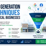 Lead Generation Techniques for Local Businesses infographic showing a marketing funnel, local SEO, Google Ads, social media marketing, email marketing, WhatsApp support, and customer acquisition strategies to generate more local leads and business growth.